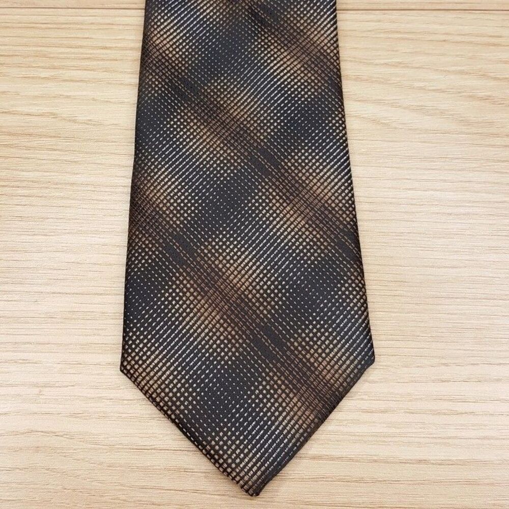 PERRY ELLIS Mens Neck Tie Brown Plaid Modern Classic Necktie